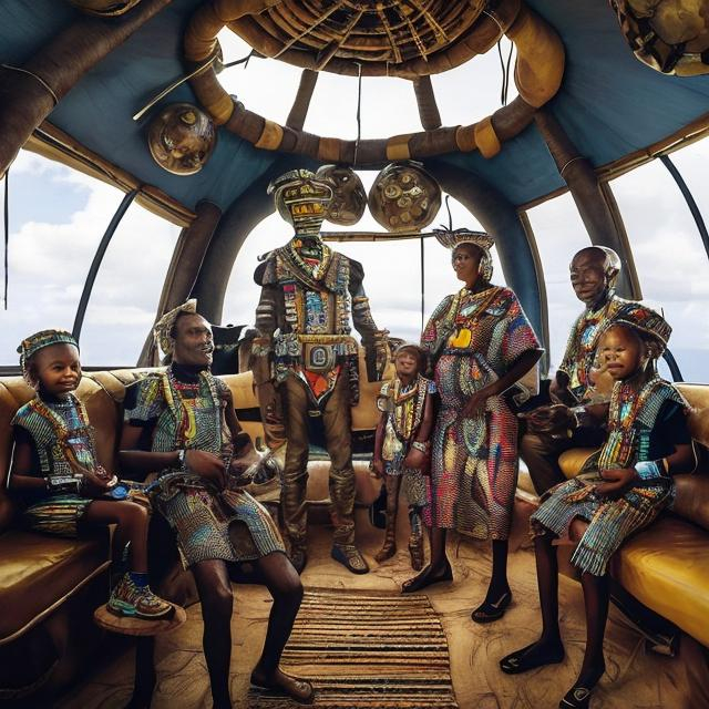 Prompt: A Zulu men with his children inside an airship Zulu hut house, in a future times, with Esther Mahlangu design ai robots they are looking outside the large Windows of the 27 storey flat watching flying car's traffic through tall buildings, futuristic earth scenes super realism masterpieces, utopia year 2035