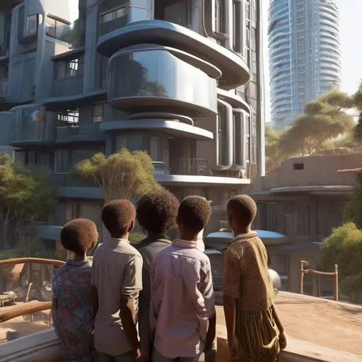 Prompt: A middle aged Zulu men with his grand children inside their house, in a future times, they are looking outside the large Windows of the 27 storey flat, watching flying  car's traffic through tall buildings, futuristic scenes super realism masterpieces, utopia year 2035