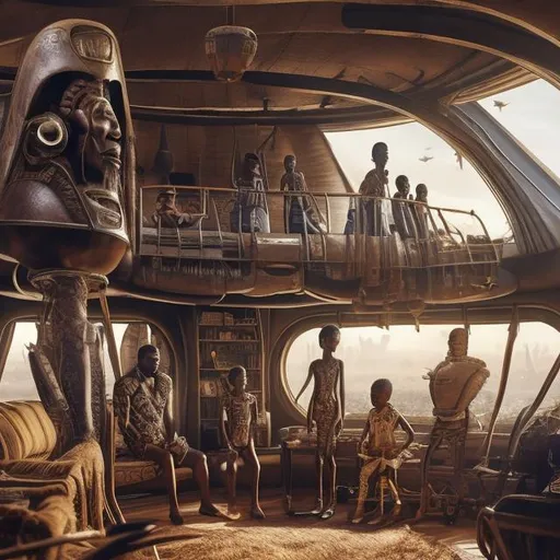 Prompt: A Zulu men with his children inside an airship Zulu hut house, in a future times, with Zulu design ai robots they are looking outside the large Windows of the 27 storey flat watching flying  car's traffic through tall buildings, futuristic earth scenes super realism masterpieces, utopia year 2035