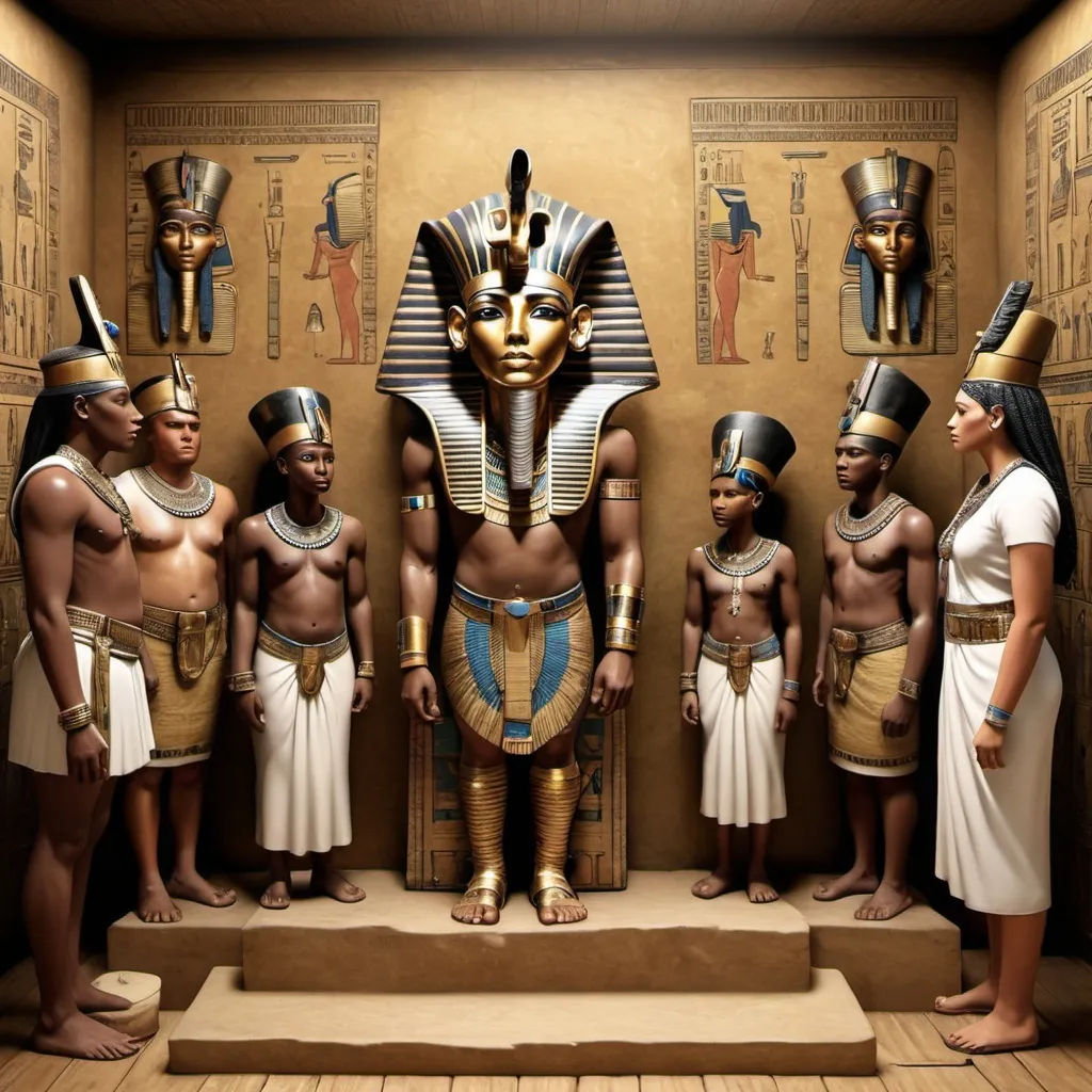 Prompt: The boy king Tutunkhamun and his queen Ankhsuamun at their court, surrounded by officials, super realism Zulu renditions