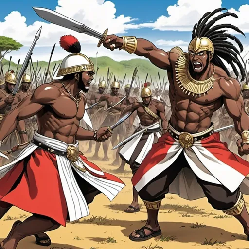 Prompt: Manga Anime epic battle scenes, Zulu renditions