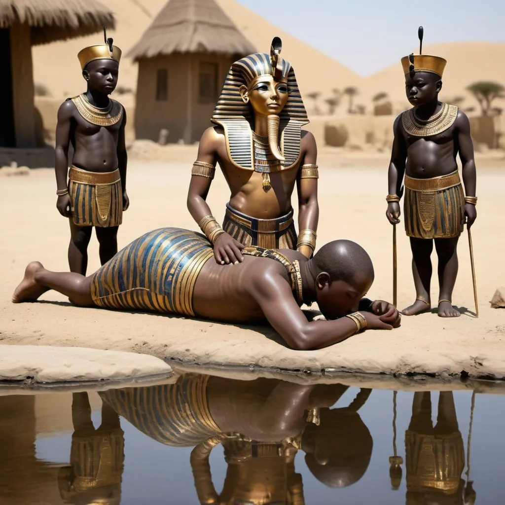 Prompt: The boy king Tutunkhamun lying on his stomach, drinking water from a pond, 2 bodyguards  at his rear side, super realism Zulu renditions