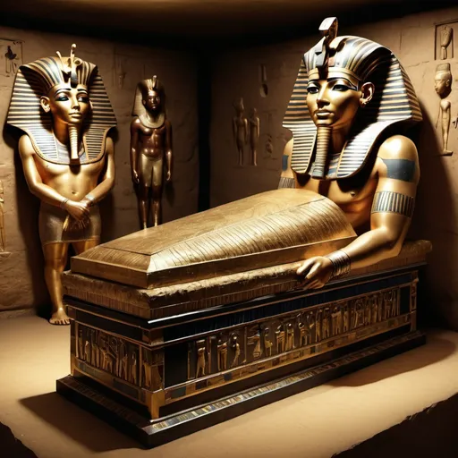 Prompt: The Tomb with the sarcophagus and treasure of king Tutunkhamun, super realism Zulu renditions