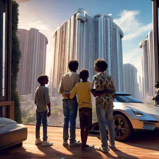 Prompt: A middle aged Zulu men with his grand children inside their house, in a future times, they are looking outside the large Windows of the 27 storey flat, watching flying  car's traffic through tall buildings, futuristic scenes super realism masterpieces, utopia year 2035