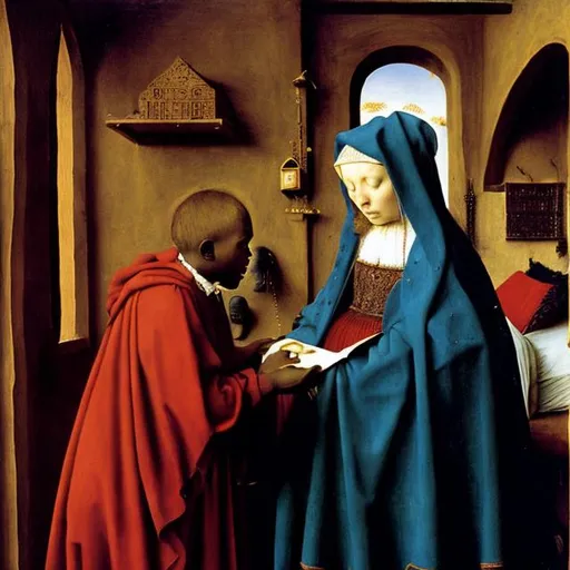 Prompt: Jan Van Eyck, The Virgin with the Canon van der paele Zulu rendition super realism