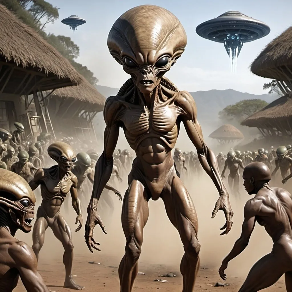 Prompt: Aliens invasion, Zulu renditions, super realism, masterpieces