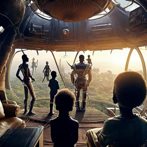 Prompt: A Zulu men with his children inside an airship Zulu hut house, in a future times, with Zulu design ai and AGI robots, they are looking outside the large Windows of the 27 storey flat watching flying  car's traffic through tall buildings, futuristic earth scenes super realism masterpieces, utopia year 2035