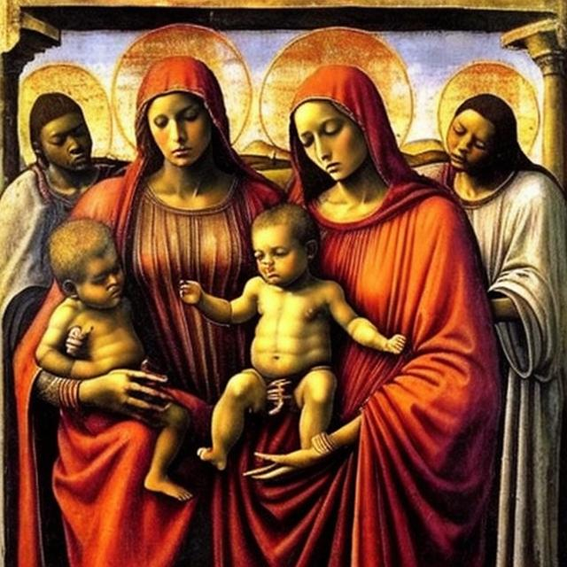 Prompt: Masaccio, Virgin and Child With Angels Zulu rendition super realism