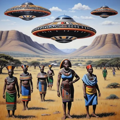 Prompt: Ufo invasion,Ndebele renditions, super realism, masterpieces