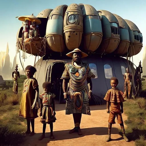Prompt: A Zulu men with his children inside an airship Zulu hut house, in a future times, with Esther Mahlangu design ai robots they are looking outside the large Windows of the 27 storey flat watching flying car's traffic through tall buildings, futuristic earth scenes super realism masterpieces, utopia year 2035