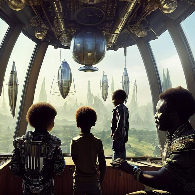 Prompt: A Zulu men with his children inside an airship Zulu hut house, in a future times, with Zulu design ai and AGI robots, they are looking outside the large Windows of the 27 storey flat watching flying  car's traffic through tall buildings, futuristic earth civilization  scenes super realism masterpieces, utopia year 2035