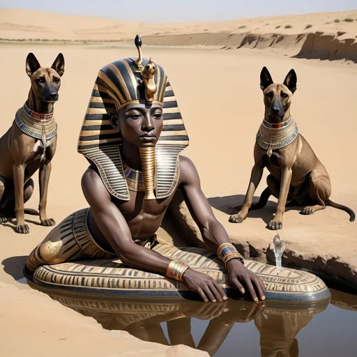 Prompt: The boy king Tutunkhamun lying on his stomach, drinking water from a pond, 2 armed bodyguards  at his rear side with his royal hound great dame,
 super realism Ndebele renditions
