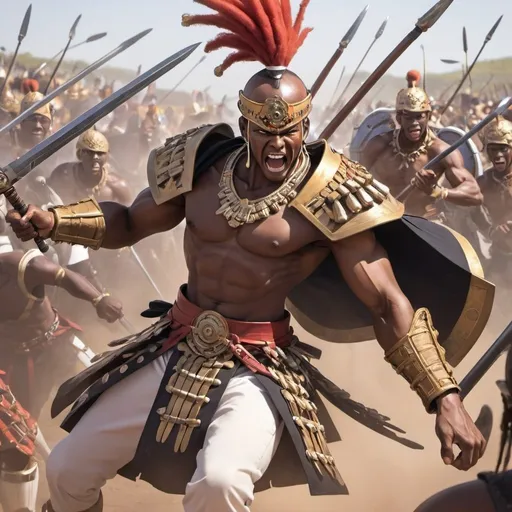 Prompt: Anime male characters in an epic battle scene, Zulu renditions