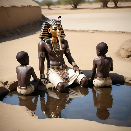 Prompt: The boy king Tutunkhamun lying on his stomach, drinking water from a pond, 2 bodyguards  at his rear side, super realism Zulu renditions