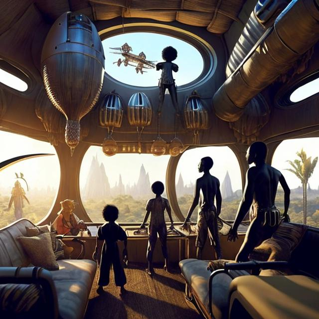 Prompt: A Zulu men with his children inside an airship Zulu hut house, in a future times, with Zulu design ai and AGI robots, they are looking outside the large Windows of the 27 storey flat watching flying  car's traffic through tall buildings, futuristic earth civilization  scenes super realism masterpieces, utopia year 2035