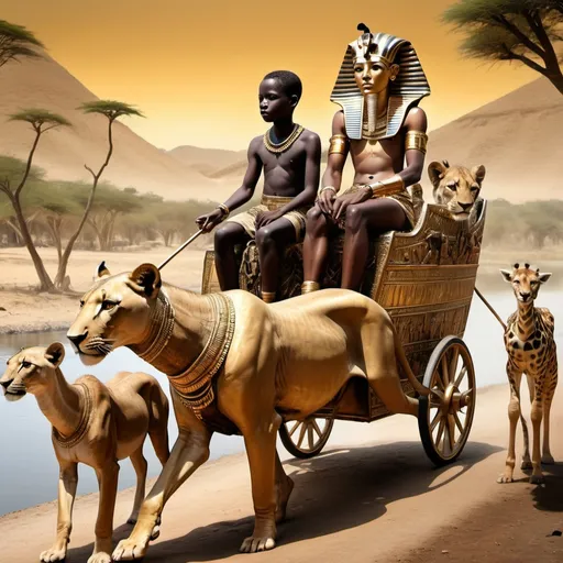 Prompt: The boy king Tutunkhamun on his golden chariot with his great dame, hunting lions, giraffes and wild animals along the Nile river, super realism Zulu rendition