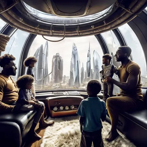 Prompt: A Zulu men with his children inside an airship  house, in a future times, they are looking outside the large Windows of the 27 storey flat, watching flying  car's traffic through tall buildings, futuristic scenes super realism masterpieces, utopia year 2035