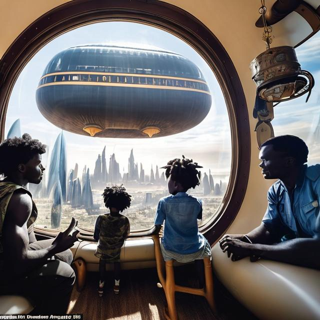 Prompt: A Zulu men with his children inside an airship  house, in a future times, they are looking outside the large Windows of the 27 storey flat, watching flying  car's traffic through tall buildings, futuristic scenes super realism masterpieces, utopia year 2035