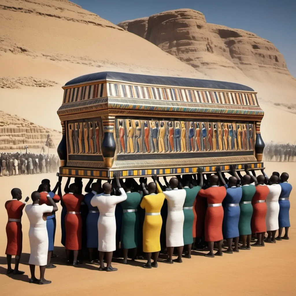 Prompt: The funeral procession with the sarcophagus of king Tutunkhamun, super realism Ndebele renditions