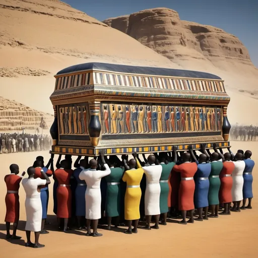 Prompt: The funeral procession with the sarcophagus of king Tutunkhamun, super realism Ndebele renditions