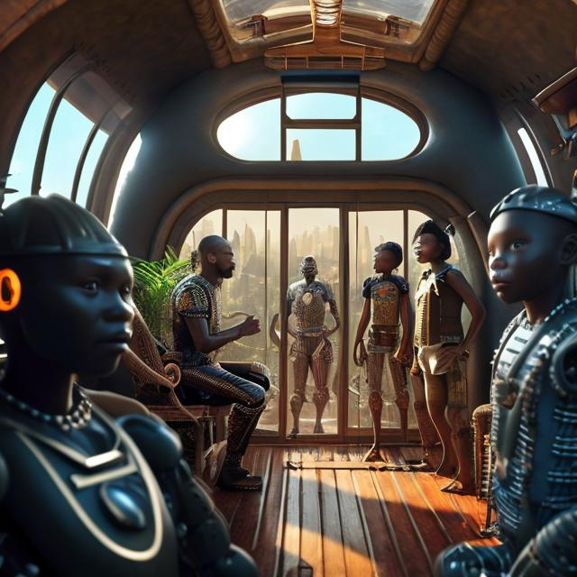 Prompt: A Zulu men with his children in different situation setting, inside an airship Zulu hut house, in a future times, with Zulu design ai and AGI robots, they are looking outside the large Windows of the 27 storey flat watching flying  car's traffic through tall buildings, futuristic earth civilization  scenes super realism masterpieces, utopia year 2035