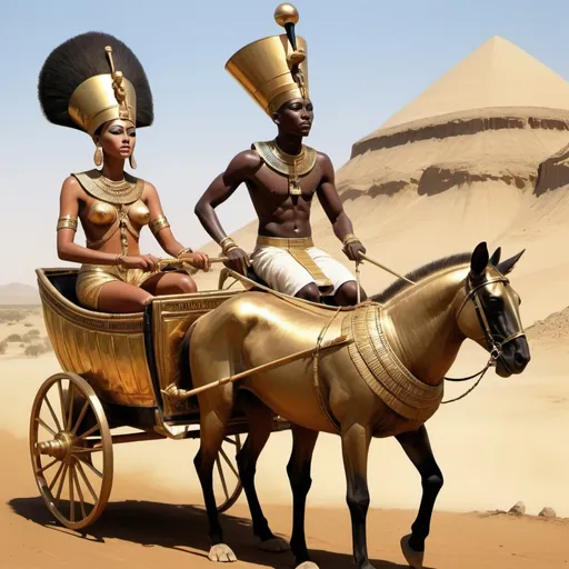 Prompt: The boy king Tutunkhamun in his golden chariot and his great dame hunting game, super realism Zulu rendition