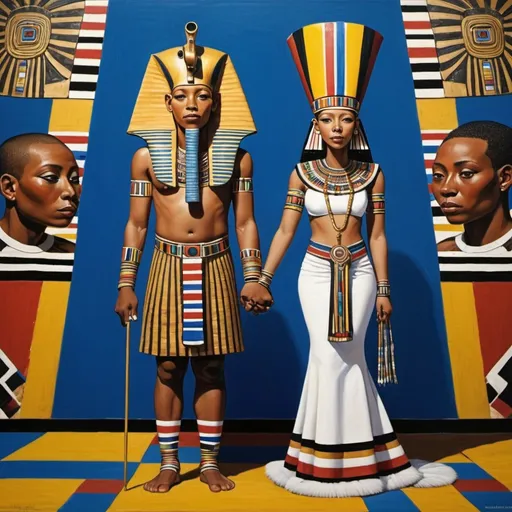 Prompt: The wedding ceremony of the boy king Tutunkhamun and the young queen Ankhsuamun, super realism Esther Mahlangu renditions