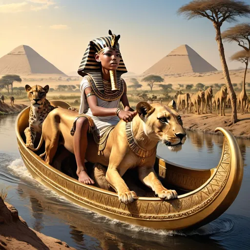 Prompt: The boy king Tutunkhamun on his golden chariot with his great dame, hunting lions, giraffes and wild animals along the Nile river, super realism Zulu rendition