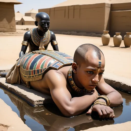 Prompt: The boy king Tutunkhamun lying on his stomach, drinking water from a pond, 2 armed bodyguards  at his rear side, super realism Ndebele renditions