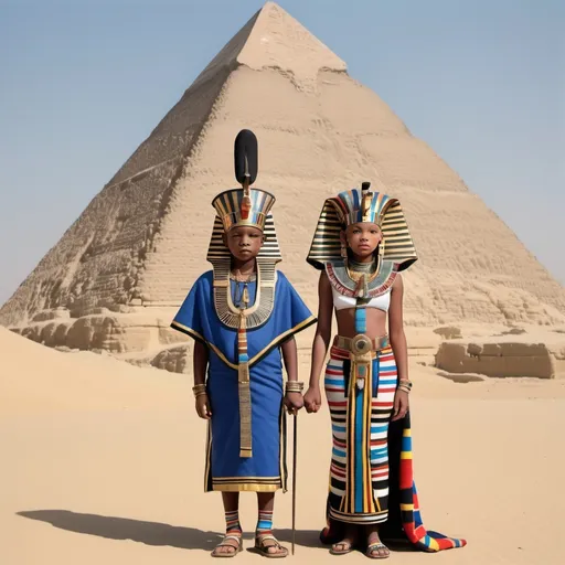 Prompt: The boy king Tutunkhamun and his queen Ankhsuamun at the pyramids and sphinx, escorted by officials, super realism 
Esther Mahlangu renditions