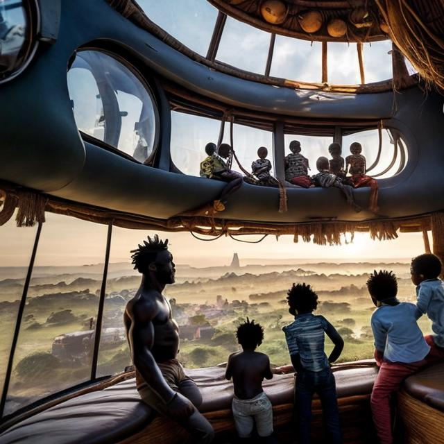 Prompt: A Zulu men with his children inside an airship Zulu hut house, in a future times, they are looking outside the large Windows of the 27 storey flat watching flying  car's traffic through tall buildings, futuristic earth scenes super realism masterpieces, utopia year 2035