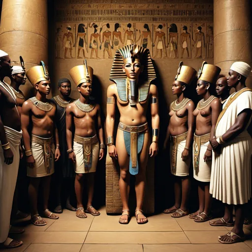Prompt: The boy king Tutunkhamun and his queen Ankhsuamun at their court, surrounded by officials, super realism Zulu renditions