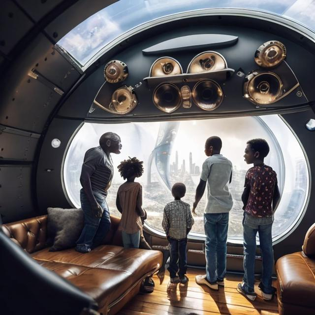 Prompt: A middle aged Zulu men with his grand children inside an airship  house, in a future times, they are looking outside the large Windows of the 27 storey flat, watching flying  car's traffic through tall buildings, futuristic scenes super realism masterpieces, utopia year 2035