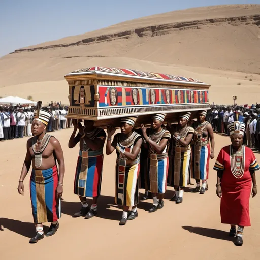 Prompt: The funeral procession with the sarcophagus of king Tutunkhamun, super realism Esther Mahlangu renditions