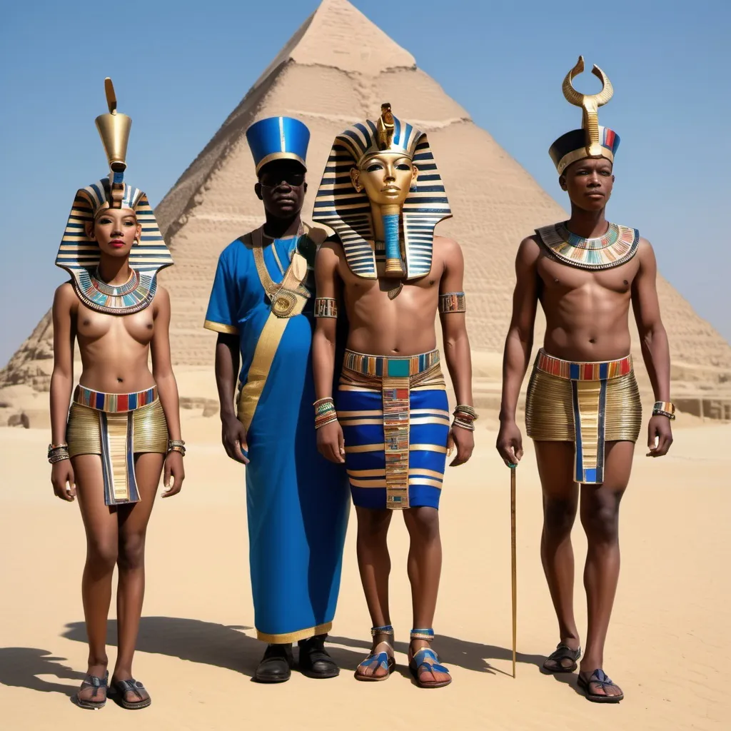 Prompt: The boy king Tutunkhamun and his queen Ankhsuamun at the pyramids and sphinx, escorted by officials, super realism 
Esther Mahlangu renditions