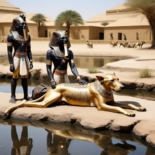 Prompt: The boy king Tutunkhamun lying on his stomach, drinking water from a pond, 2 armed bodyguards  at his rear side with his royal hound great dame,
 super realism Zulu renditions