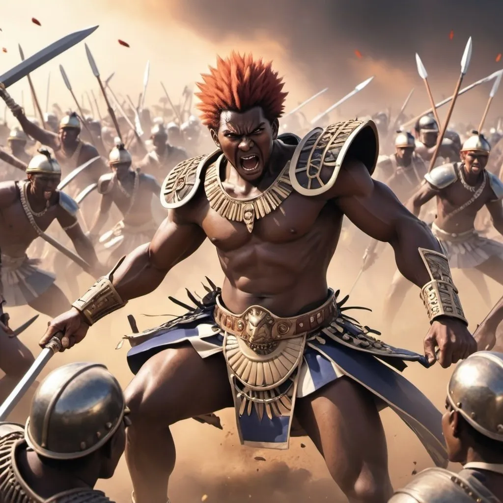 Prompt: Anime male characters in an epic battle scene, Zulu renditions