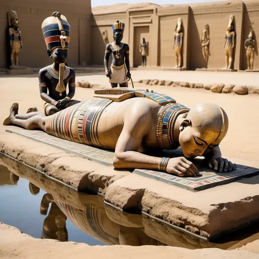 Prompt: The boy king Tutunkhamun lying on his stomach, drinking water from a pond, 2 armed bodyguards  at his rear side, super realism Ndebele renditions