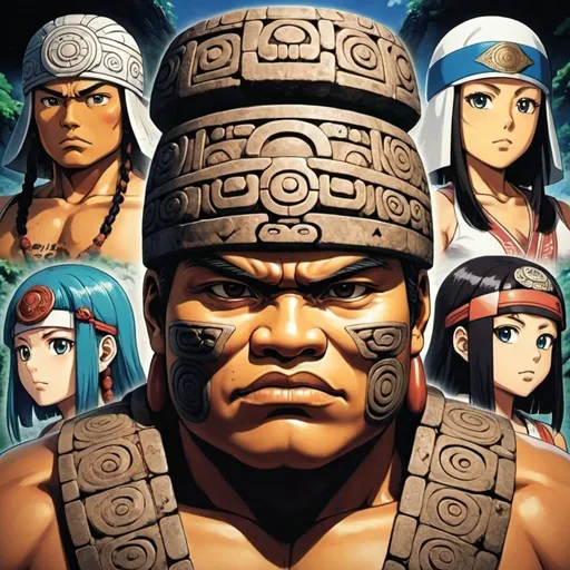 Prompt: Japanese Anime, olmec renditions