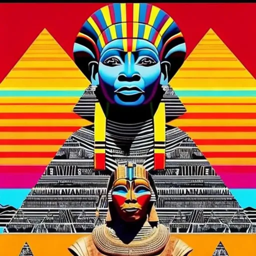 Prompt: International black history month 2024 Iconic posters with the sphinx and pyramids, Esther Mahlangu renditions, super realism masterpieces
