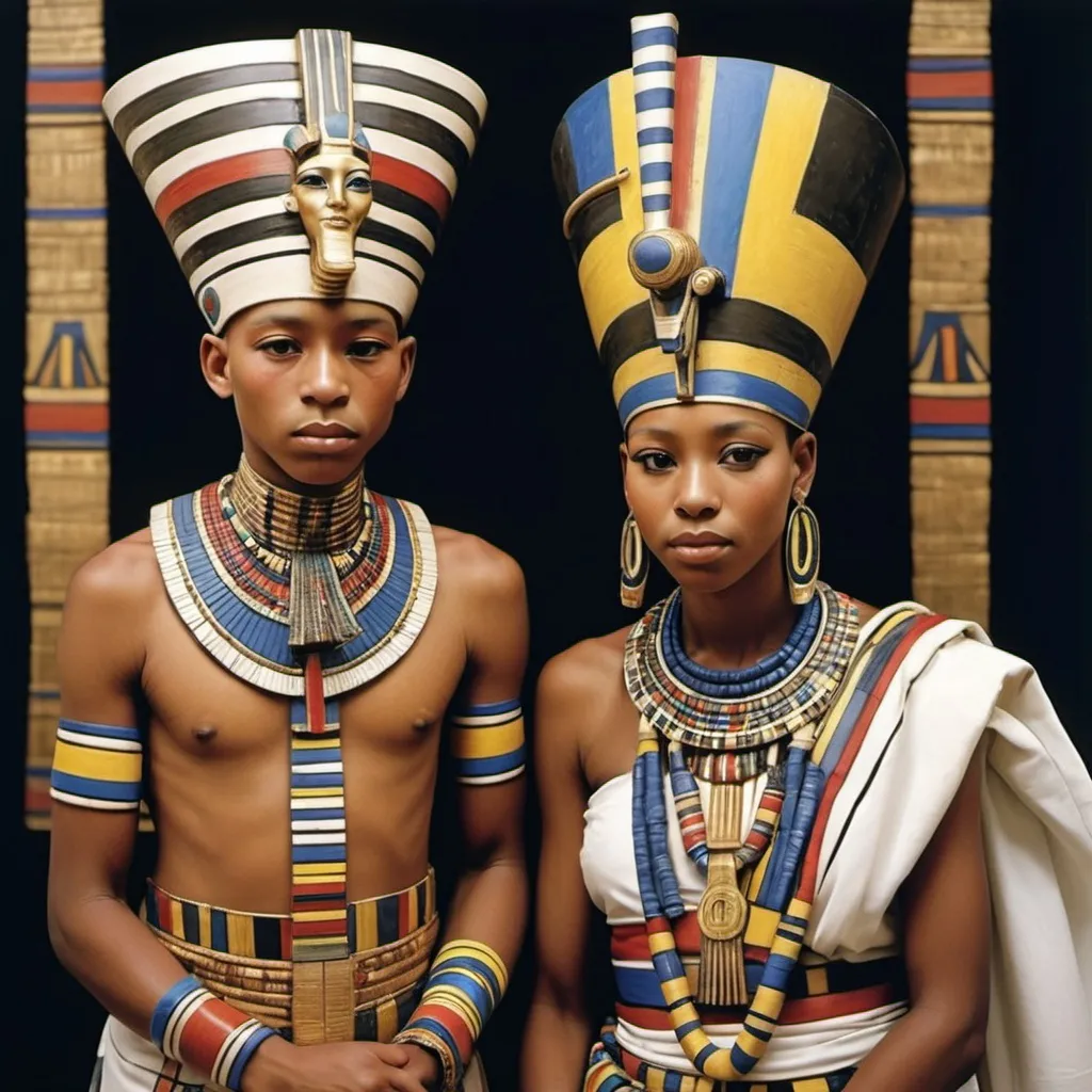 Prompt: The wedding ceremony of the boy king Tutunkhamun and the young queen Ankhsuamun, super realism Esther Mahlangu renditions