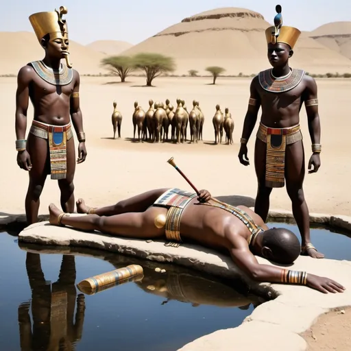 Prompt: The boy king Tutunkhamun lying on his stomach, drinking water from a pond, 2 armed bodyguards  at his rear side, super realism Ndebele renditions