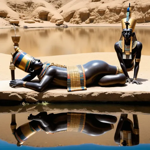 Prompt: The boy king Tutunkhamun lying on his stomach, drinking water from a pond, 2 armed bodyguards  at his rear side, super realism Ndebele renditions