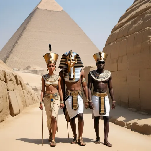 Prompt: The boy king Tutunkhamun and his queen Ankhsuamun at the pyramids and sphinx, escorted by officials, super realism 
Zulu  renditions
