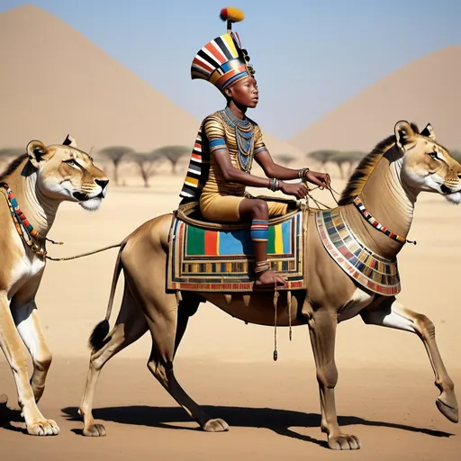 Prompt: The boy king Tutunkhamun on his golden chariot with his great dame, hunting lions, giraffes and wild animals along the Nile river, super realism, Esther Mahlangu renditions