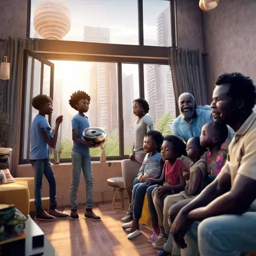 Prompt: A middle aged Zulu men with his grand children inside their house, in a future times, they are looking outside the large Windows of the 27 storey flat, watching flying  car's traffic through tall buildings, futuristic scenes super realism masterpieces, utopia year 2035