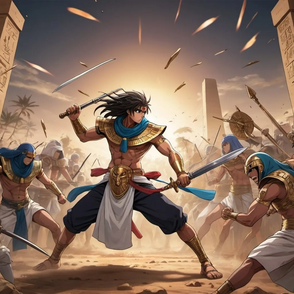 Prompt: Anime  characters in an epic battle scenes fighting enemies, Egyptian renditions