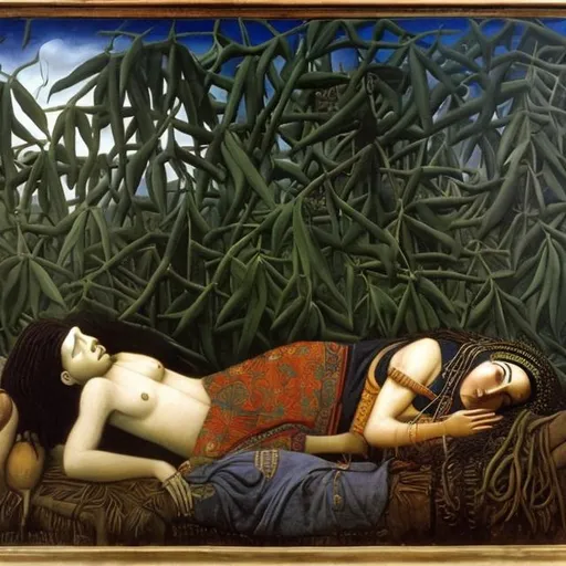 Prompt: Henry Rousseau, Sleeping Gypsy, super realism, Massai rendition