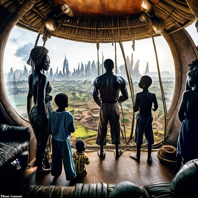 Prompt: A Zulu men with his children inside an airship Zulu hut house, in a future times, with Zulu design ai robots they are looking outside the large Windows of the 27 storey flat watching flying  car's traffic through tall buildings, futuristic earth scenes super realism masterpieces, utopia year 2035