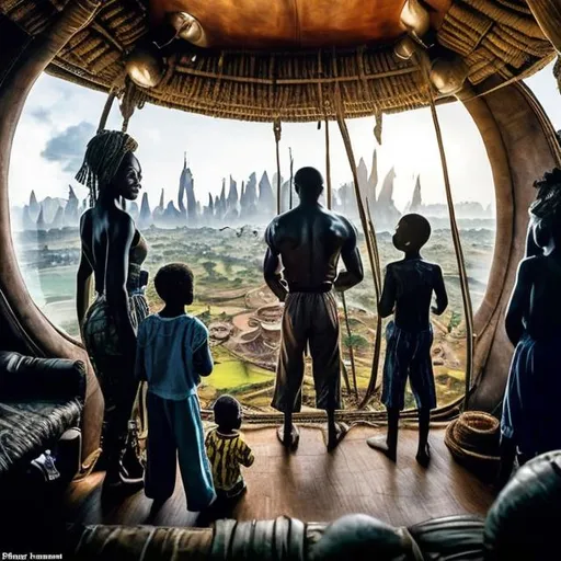 Prompt: A Zulu men with his children inside an airship Zulu hut house, in a future times, with Zulu design ai robots they are looking outside the large Windows of the 27 storey flat watching flying  car's traffic through tall buildings, futuristic earth scenes super realism masterpieces, utopia year 2035